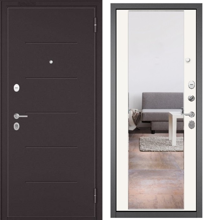 Входная дверь в квартиру с зеркалом FAMILY MASS металл RL-3 Букле шоколад, отделка МДФ 164 (Белый софт)