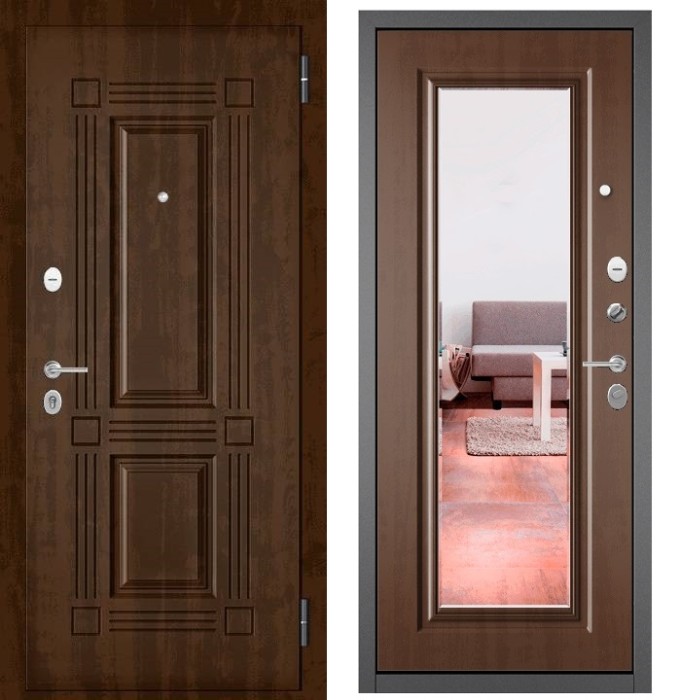 Входная дверь в квартиру с зеркалом FAMILY ECO МДФ 104 Орех грецкий, отделка 140 mirror (Карамель)