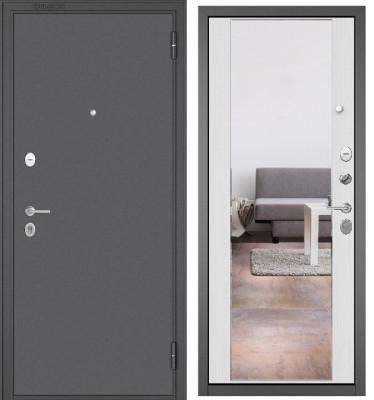 Входная дверь в квартиру с зеркалом FAMILY MASS металл Букле графит, отделка МДФ 164 (Ларче белый)