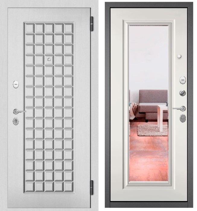 Входная дверь в квартиру с зеркалом FAMILY ECO МДФ 112 Дуб белый матовый, отделка 140 mirror (Белый софт)