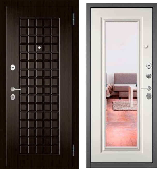 Входная дверь в квартиру с зеркалом FAMILY ECO МДФ 112 Ларче шоколад, отделка 140 mirror (Белый софт)