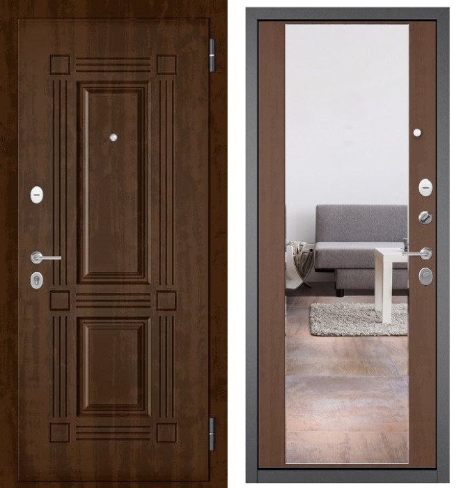 Входная дверь в квартиру с зеркалом FAMILY MASS МДФ 104 Орех грецкий, отделка 164 (Карамель)