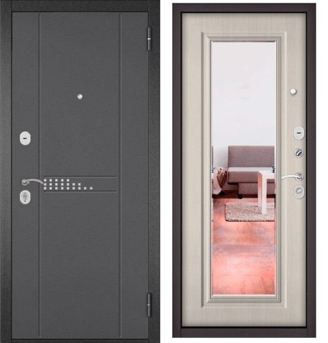 Входная дверь в квартиру с зеркалом TRUST ECO металл RL-10 Букле графит, отделка 140 mirror (Ларче бьянко)