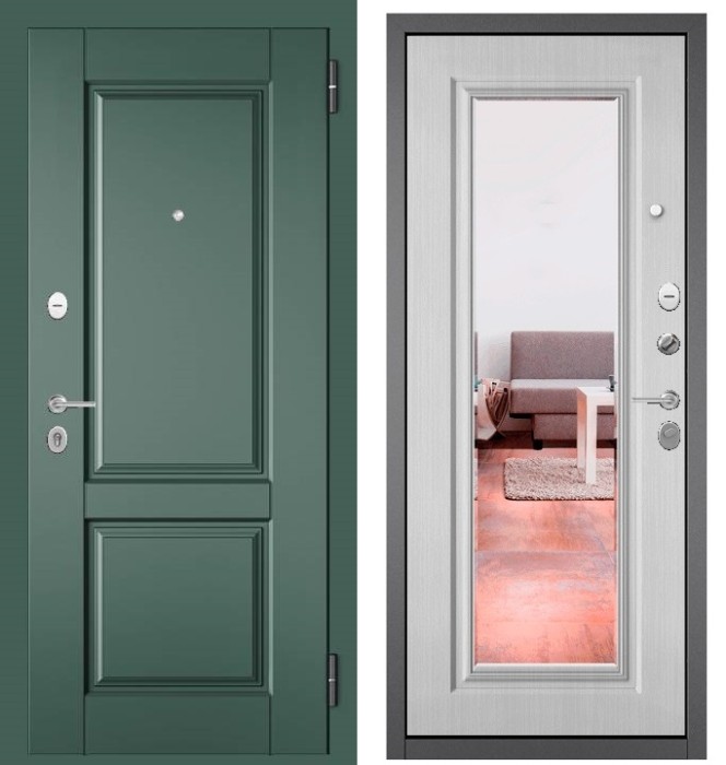 Входная дверь в квартиру с зеркалом FAMILY ECO МДФ D-1 Авокадо, отделка 140 mirror (Ларче белый)