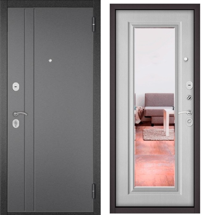 Входная дверь в квартиру с зеркалом HOME ECO металл RL-2 Букле графит, отделка 140 mirror (Дуб белый матовый)