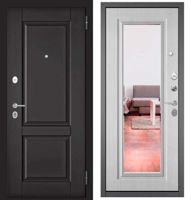 Входная дверь в квартиру с зеркалом FAMILY ECO МДФ D-1 Графит софт, отделка 140 mirror (Ларче белый)