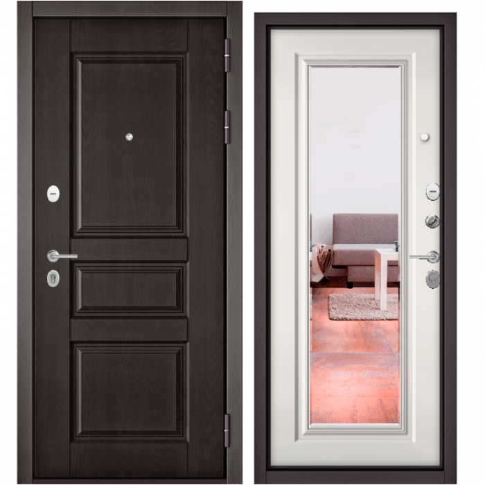 Входная дверь в квартиру с зеркалом Зелар Зелар-Оптима Дуб шоколад - 2, Белый софт - 140 зеркало