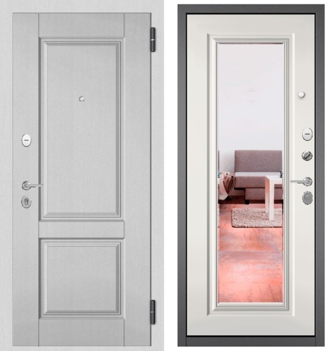 Входная дверь в квартиру с зеркалом FAMILY ECO МДФ D-1 Дуб белый матовый, отделка 140 mirror (Белый софт)