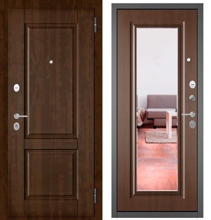 Входная дверь в квартиру с зеркалом FAMILY ECO МДФ D-1 Орех грецкий, отделка 140 mirror (Карамель)
