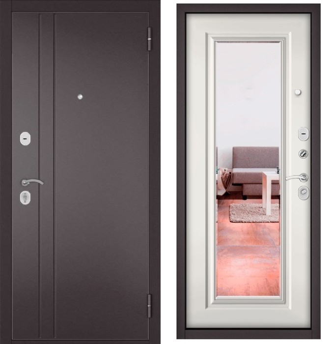 Входная дверь в квартиру с зеркалом HOME ECO металл RL-2 Букле шоколад, отделка 140 mirror (Белый софт)