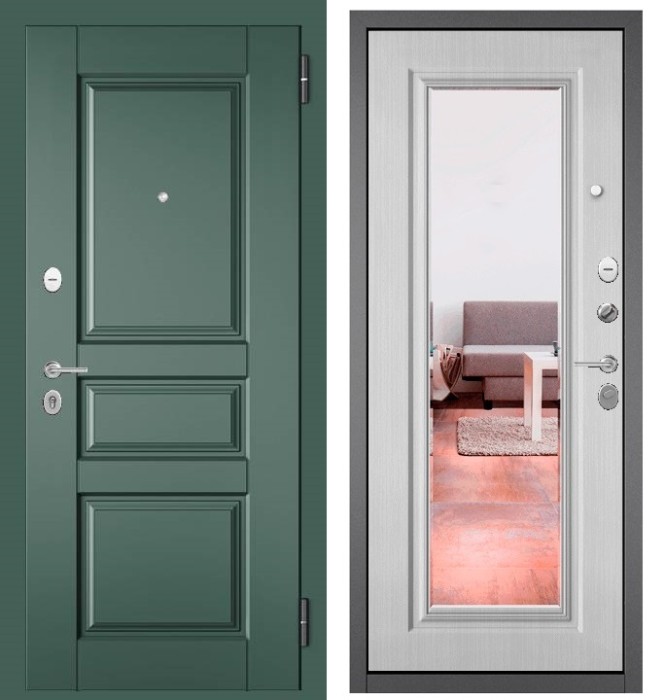Входная дверь в квартиру с зеркалом FAMILY ECO МДФ D-2 Авокадо, отделка 140 mirror (Ларче белый)