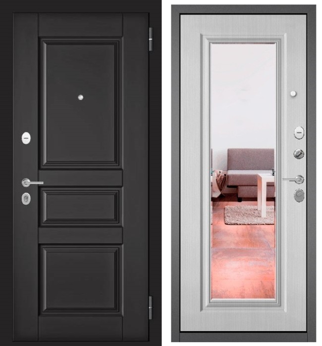 Входная дверь в квартиру с зеркалом FAMILY ECO МДФ D-2 Графит софт, отделка 140 mirror (Ларче белый)