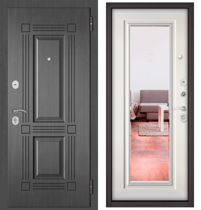 Входная дверь в квартиру с зеркалом HOME ECO МДФ 104 Дуб серый, отделка 140 mirror (Белый софт)