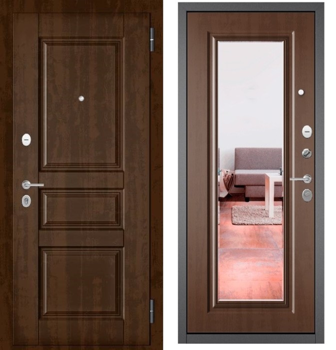 Входная дверь в квартиру с зеркалом FAMILY ECO МДФ D-2 Орех грецкий, отделка 140 mirror (Карамель)