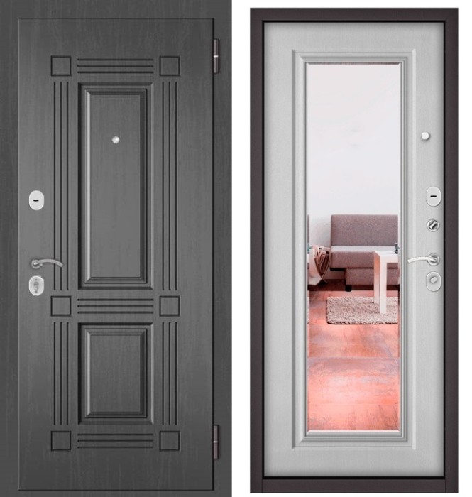 Входная дверь в квартиру с зеркалом HOME ECO МДФ 104 Дуб серый, отделка 140 mirror (Дуб белый матовый)