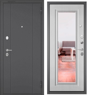 Входная дверь в квартиру с зеркалом FAMILY ECO металл RL-1 Букле графит, отделка МДФ 140 mirror (Ларче белый)