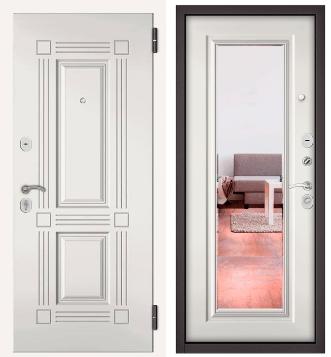 Входная дверь в квартиру с зеркалом HOME ECO МДФ 104, отделка 140 mirror (Белый софт)