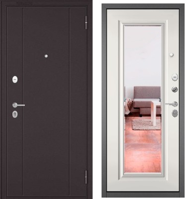 Входная дверь в квартиру с зеркалом FAMILY ECO металл RL-1 Букле шоколад, отделка МДФ 140 mirror (Белый софт)