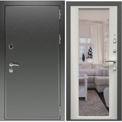 Входная дверь в квартиру с зеркалом Зелар Евро 2, антик черный, белый матовый ФЛЗ-70