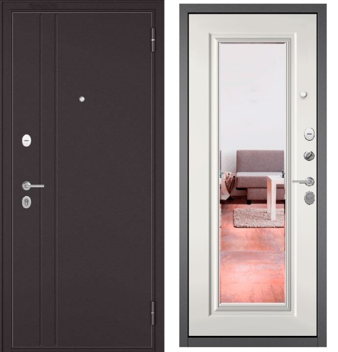 Входная дверь в квартиру с зеркалом FAMILY ECO металл RL-2 Букле шоколад, отделка МДФ 140 mirror (Белый софт)