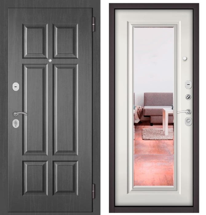 Входная дверь в квартиру с зеркалом HOME ECO МДФ 109 Дуб серый, отделка 140 mirror (Белый софт)