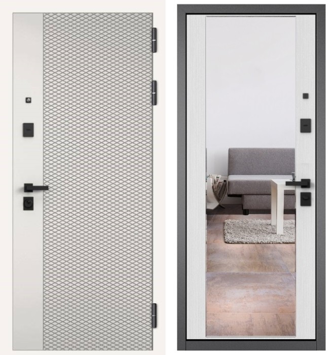 Входная дверь в квартиру с зеркалом CITY PRIME 159 CSmart Белый софт, МДФ отделка 164 CSmart (Ларче белый)