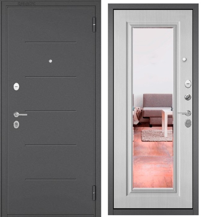 Входная дверь в квартиру с зеркалом FAMILY ECO металл RL-3 Букле графит, отделка МДФ 140 mirror (Ларче белый)