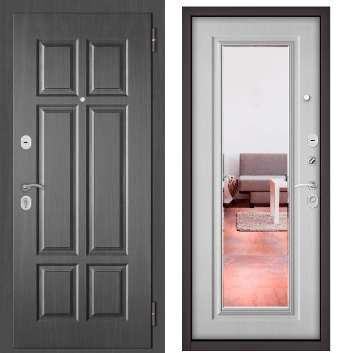 Входная дверь в квартиру с зеркалом HOME ECO МДФ 109 Дуб серый, отделка 140 mirror (Дуб белый матовый)