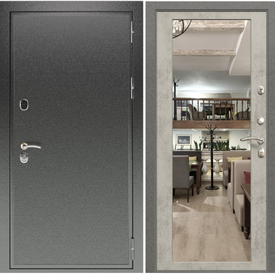 Входная дверь в квартиру с зеркалом Зелар Евро 2, антик черный, бетон светлый ФЛЗ-70