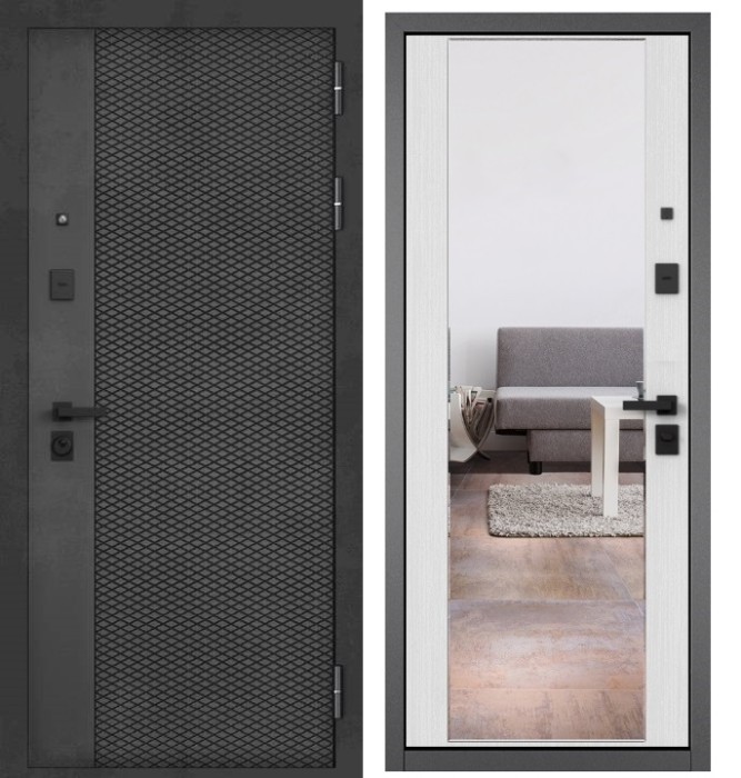 Входная дверь в квартиру с зеркалом CITY PRIME 159 CSmart Бетон темный, МДФ отделка 164 CSmart (Ларче белый)