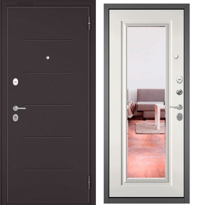 Входная дверь в квартиру с зеркалом FAMILY ECO металл RL-3 Букле шоколад, отделка МДФ 140 mirror (Белый софт)
