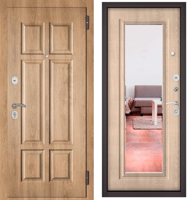 Входная дверь в квартиру с зеркалом HOME ECO МДФ 109 Дуб шале натуральный, отделка 140 mirror (Дуб крем)