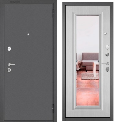 Входная дверь в квартиру с зеркалом FAMILY ECO металл Букле графит, отделка МДФ 140 mirror (Ларче белый)