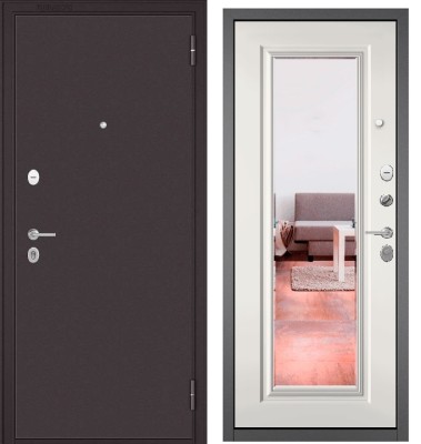 Входная дверь в квартиру с зеркалом FAMILY ECO металл Букле шоколад, отделка 140 mirror (Белый софт)