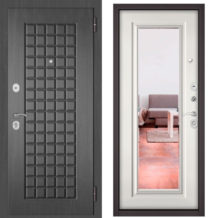Входная дверь в квартиру с зеркалом HOME ECO МДФ 112 Дуб серый, отделка 140 mirror (Белый софт)