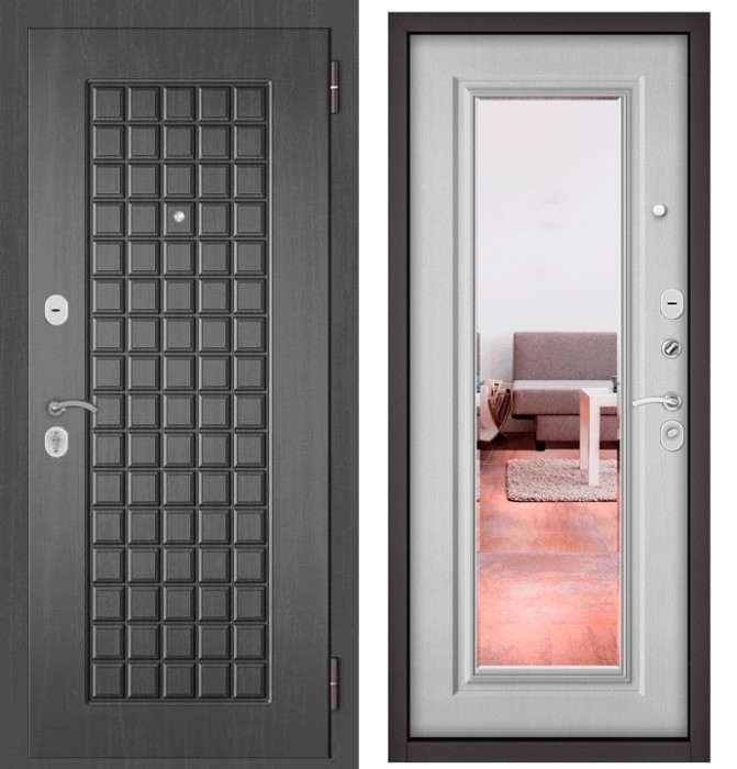 Входная дверь в квартиру с зеркалом HOME ECO МДФ 112 Дуб серый, отделка 140 mirror (Дуб белый матовый)