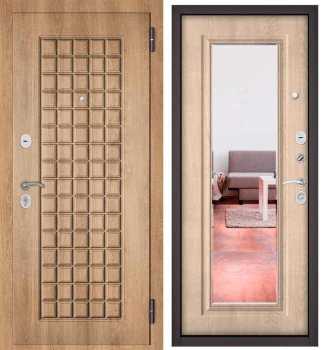 Входная дверь в квартиру с зеркалом HOME ECO МДФ 112 Дуб шале натуральный, отделка 140 mirror (Дуб крем)