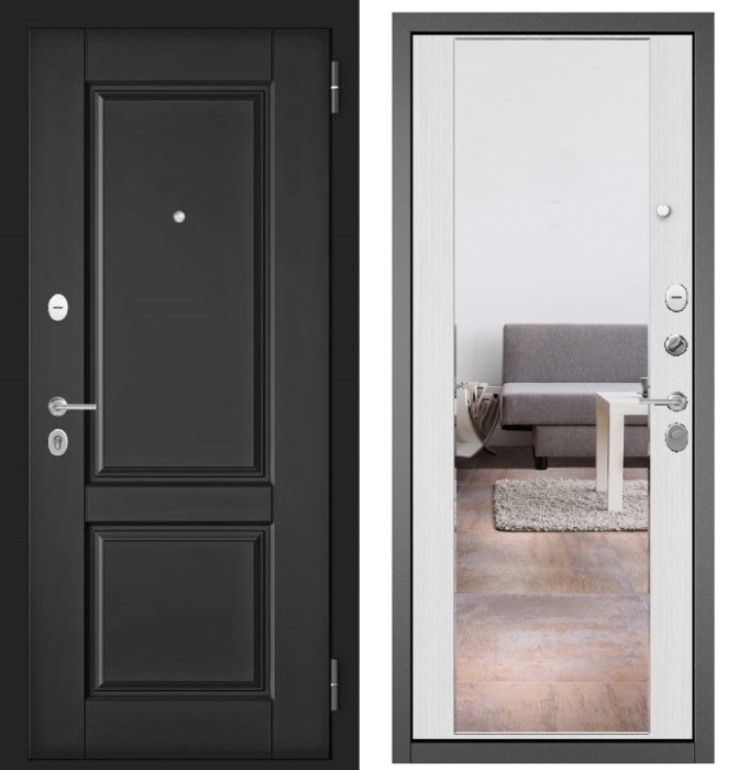 Входная дверь в квартиру с зеркалом FAMILY ECO МДФ D-1 Графит софт, отделка 164 (Ларче белый)