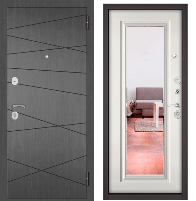 Входная дверь в квартиру с зеркалом HOME ECO МДФ 130 Дуб серый, отделка 140 mirror (Белый софт)