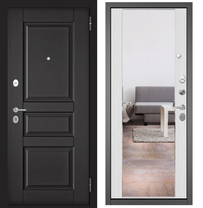 Входная дверь в квартиру с зеркалом FAMILY ECO МДФ D-2 Графит софт, отделка 164 (Ларче белый)