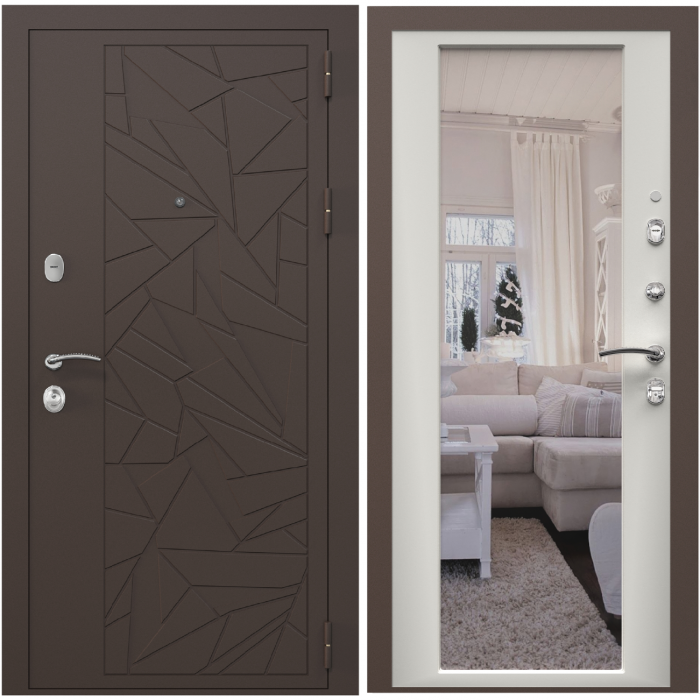 Входная дверь в квартиру с зеркалом Зелар Евро 2, RAL 8019  коричневые осколки, белый матовый ФЛЗ-70