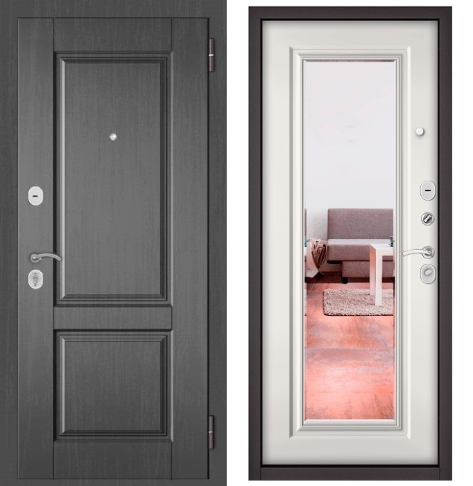 Входная дверь в квартиру с зеркалом HOME ECO МДФ D-1 Дуб серый, отделка 140 mirror (Белый софт)