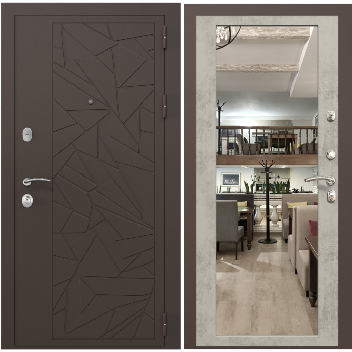 Входная дверь в квартиру с зеркалом Зелар Евро 2, RAL 8019  коричневые осколки, бетон светлый ФЛЗ-70