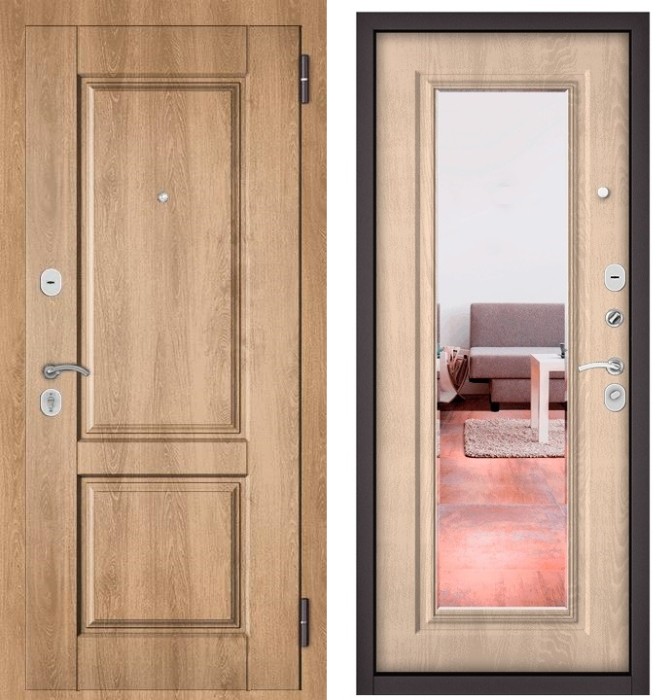 Входная дверь в квартиру с зеркалом HOME ECO МДФ D-1 Дуб шале натуральный, отделка 140 mirror (Дуб крем)