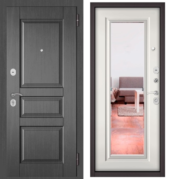 Входная дверь в квартиру с зеркалом HOME ECO МДФ D-2 Дуб серый, отделка 140 mirror (Белый софт)