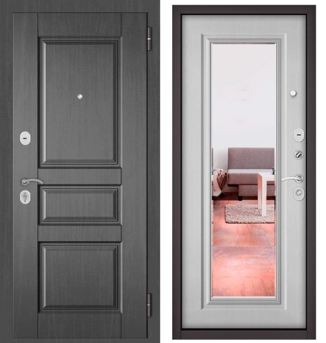 Входная дверь в квартиру с зеркалом HOME ECO МДФ D-2 Дуб серый, отделка 140 mirror (Дуб белый матовый)