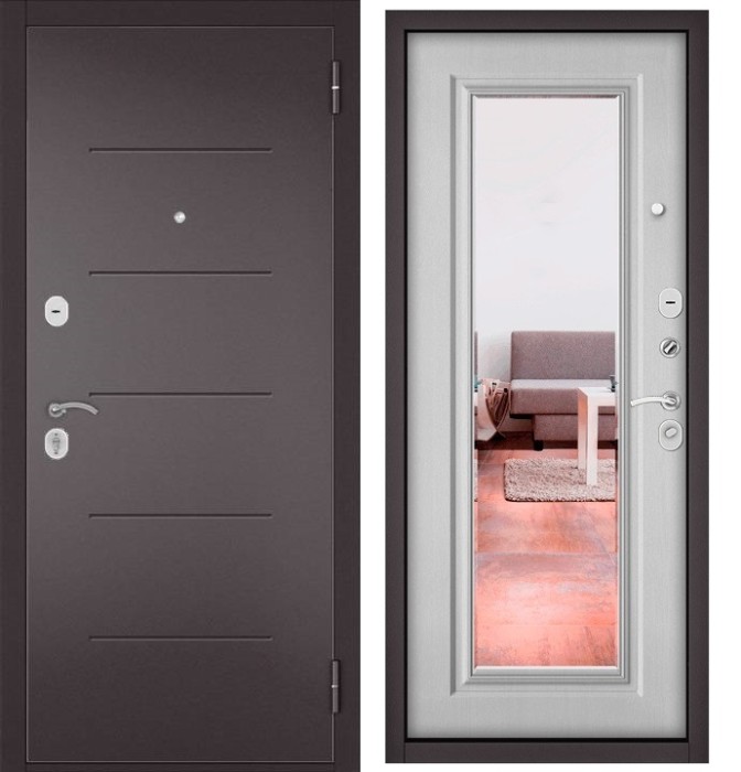 Входная дверь в квартиру с зеркалом TRUST ECO металл RL-3 Букле шоколад, отделка 140 mirror (Дуб белый матовый)