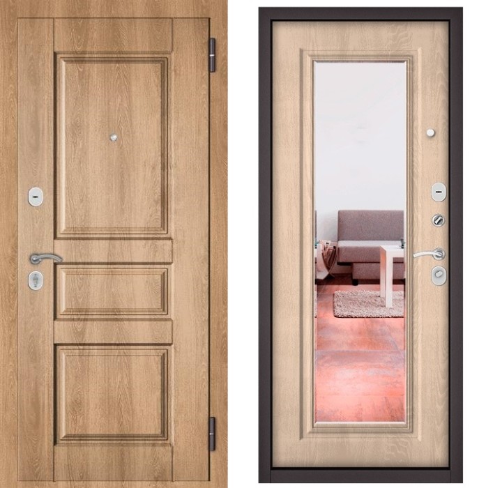 Входная дверь в квартиру с зеркалом HOME ECO МДФ D-2 Дуб шале натуральный, отделка 140 mirror (Дуб крем)