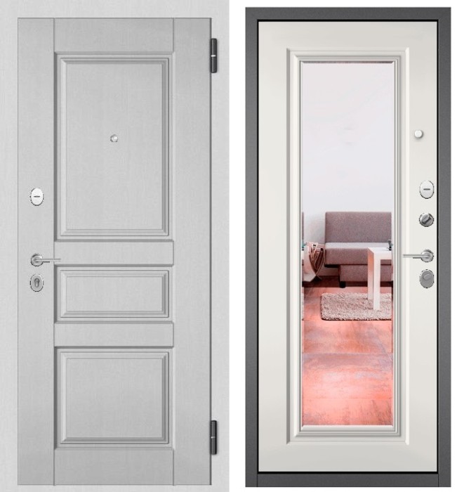 Входная дверь в квартиру с зеркалом FAMILY MASS МДФ D-2 Дуб белый матовый, отделка 140 mirror (Белый софт)