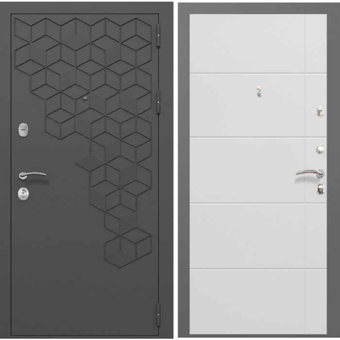 Входная дверь Зелар Евро 2, RAL 7016 (штамп1) темно серый гексагон, белый матовый №156